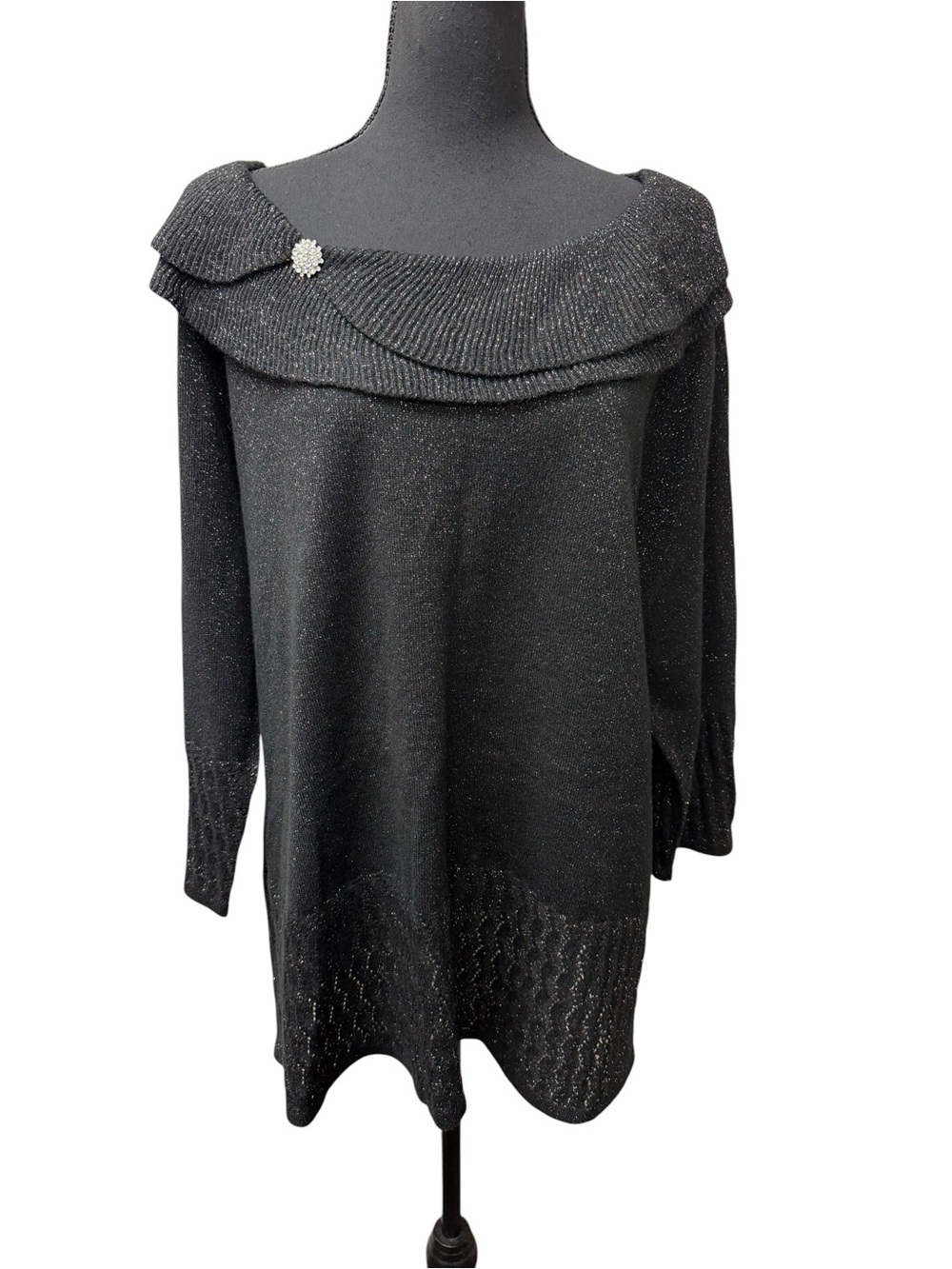 Briggs Black Metallic Sweater Tunic 2X Off Shoulder Holiday Glam Chic Top